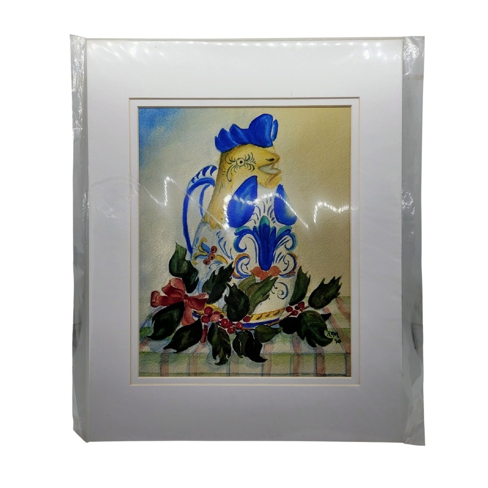 Ruth E Maupin Watercolor Print Rooster Pitcher Holly Still Life Signed REM‎ 10